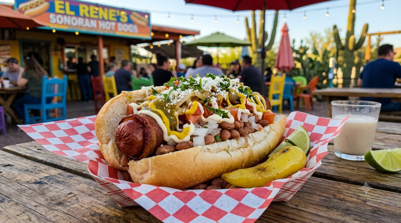Hot dog with toppings on checkered paper at an outdoor food stand with a lemonade and pickle slices