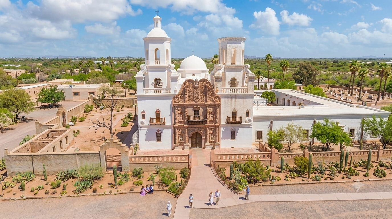 Aerial view of a historic white church with twin towers and ornate facade amid a desert town and palm trees