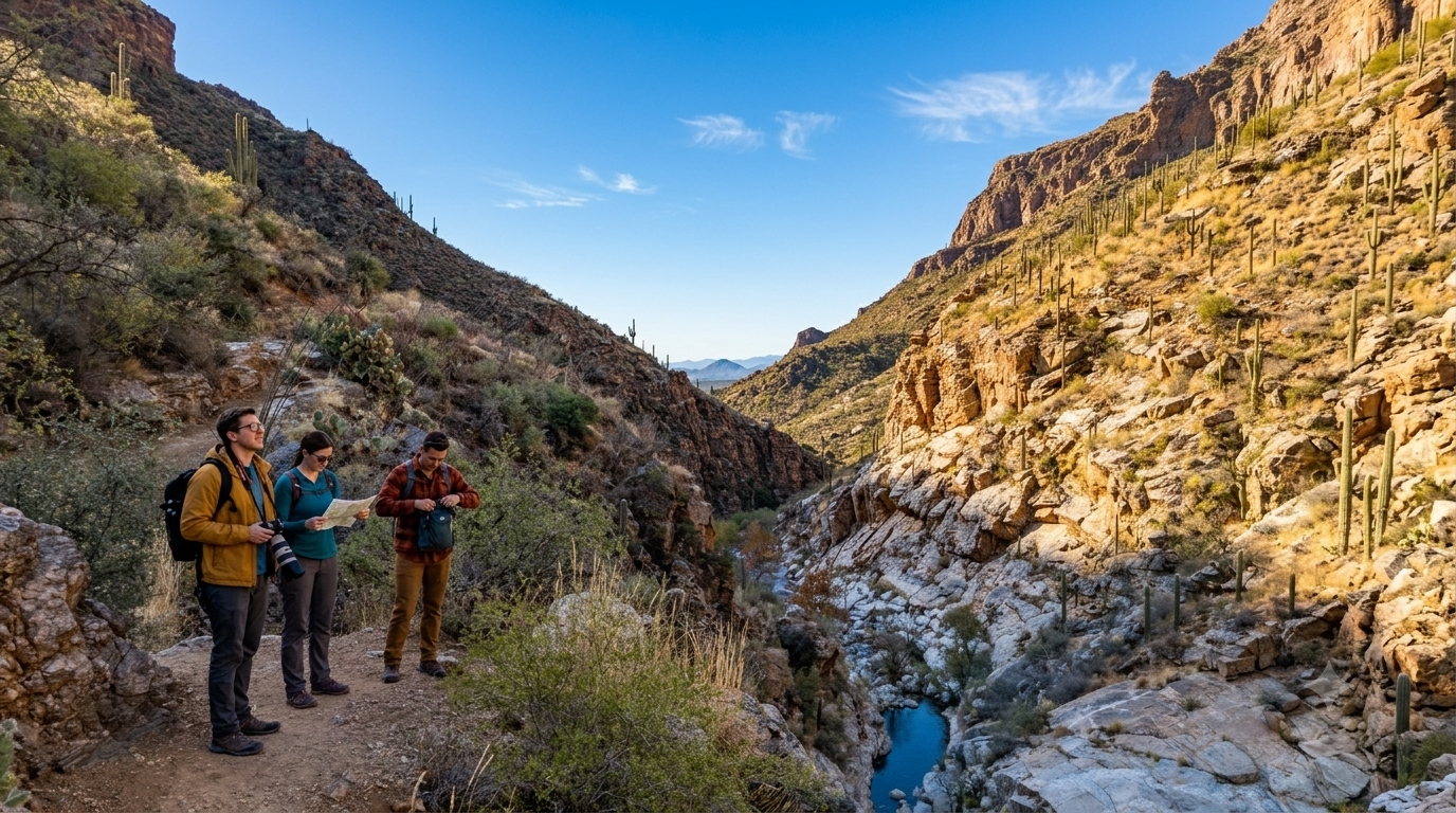 Hikers standing on a rocky trail in a sunlit canyon under a blue sky