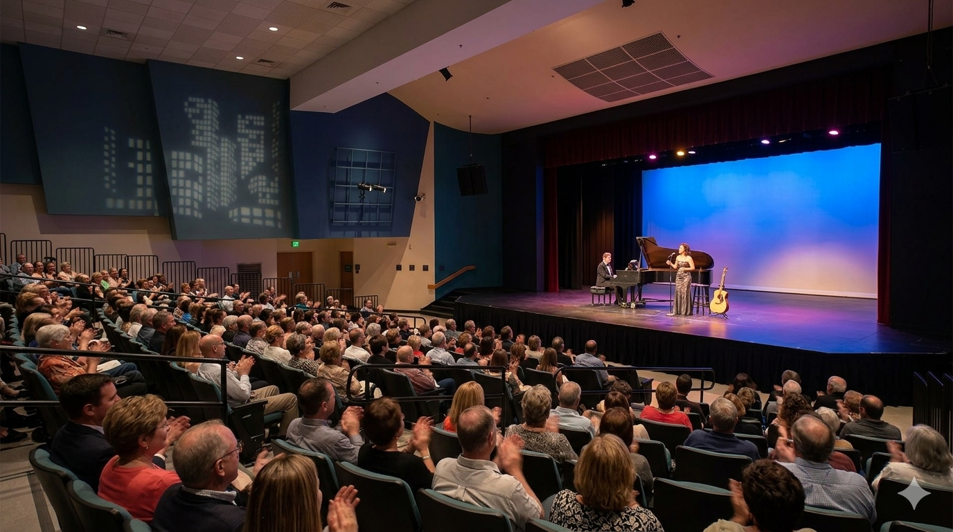 Audience watches a stage presentation in a packed auditorium with blue-lit screen and speakers.
