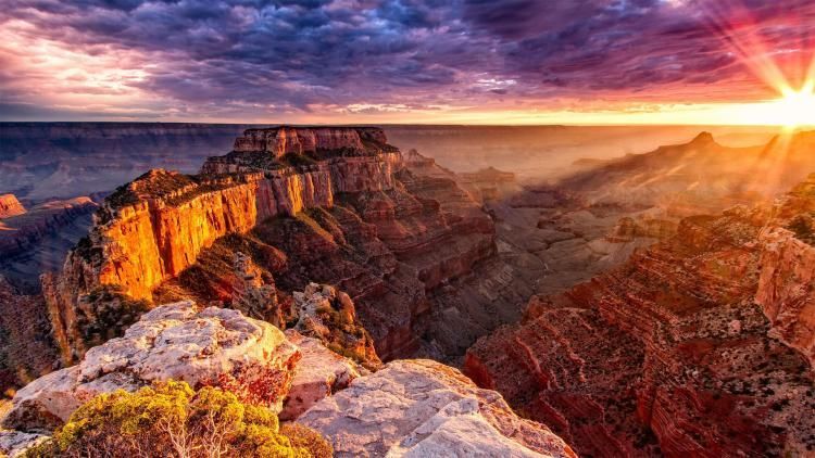Sunrise over the Grand Canyon, illuminating canyon walls in orange and yellow, with a cloudy purple and gold sky.