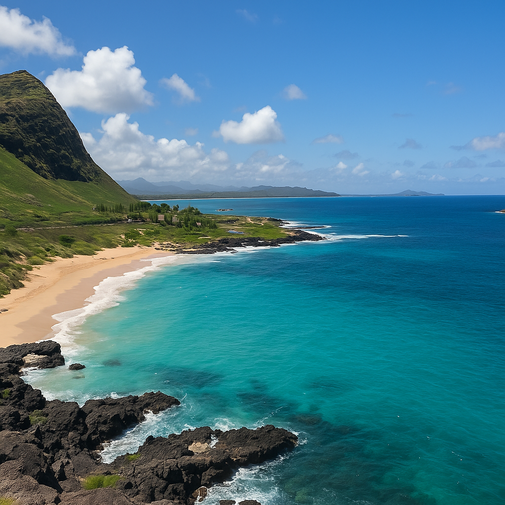 Sandy beach, turquoise water, rocky coastline, green hills, blue sky with clouds in Hawaii