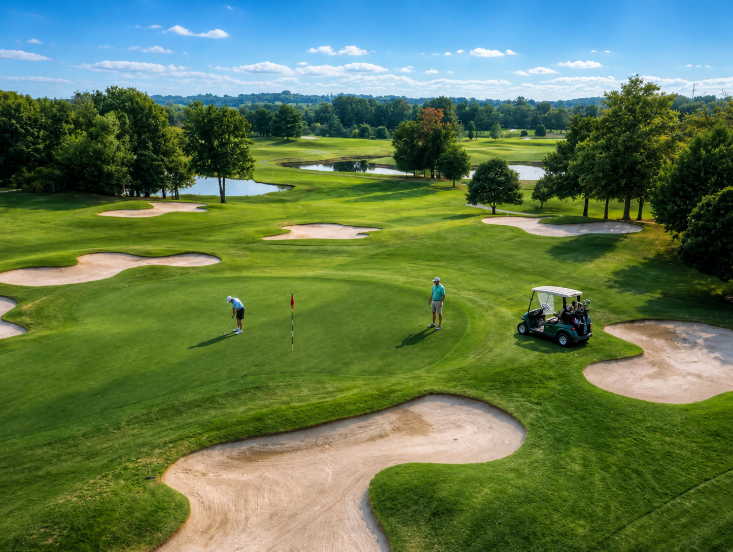 Golfers on a green fairway with sand bunkers and a cart under a bright blue sky