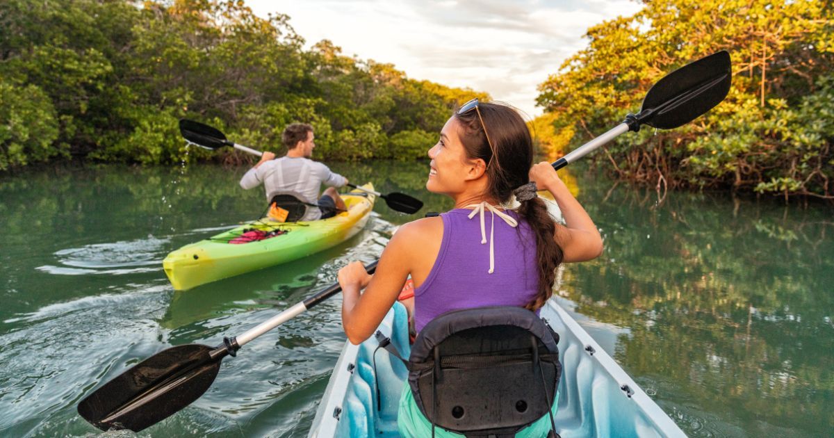 Two people kayaking through a narrow waterway lined with trees; clear water, sunny day.