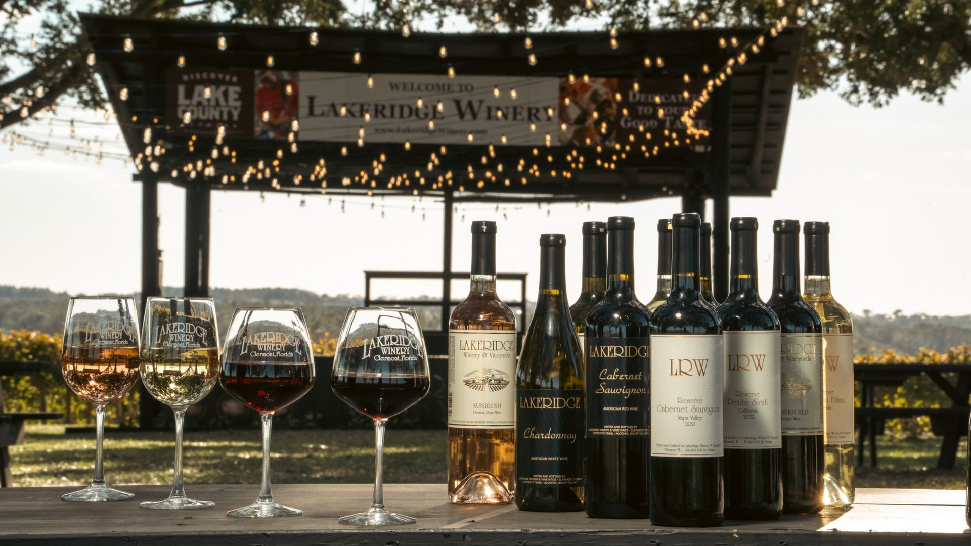 Bottles and glasses of wine on a picnic table in front of a vineyard with a wooden sign lit with fairy lights.