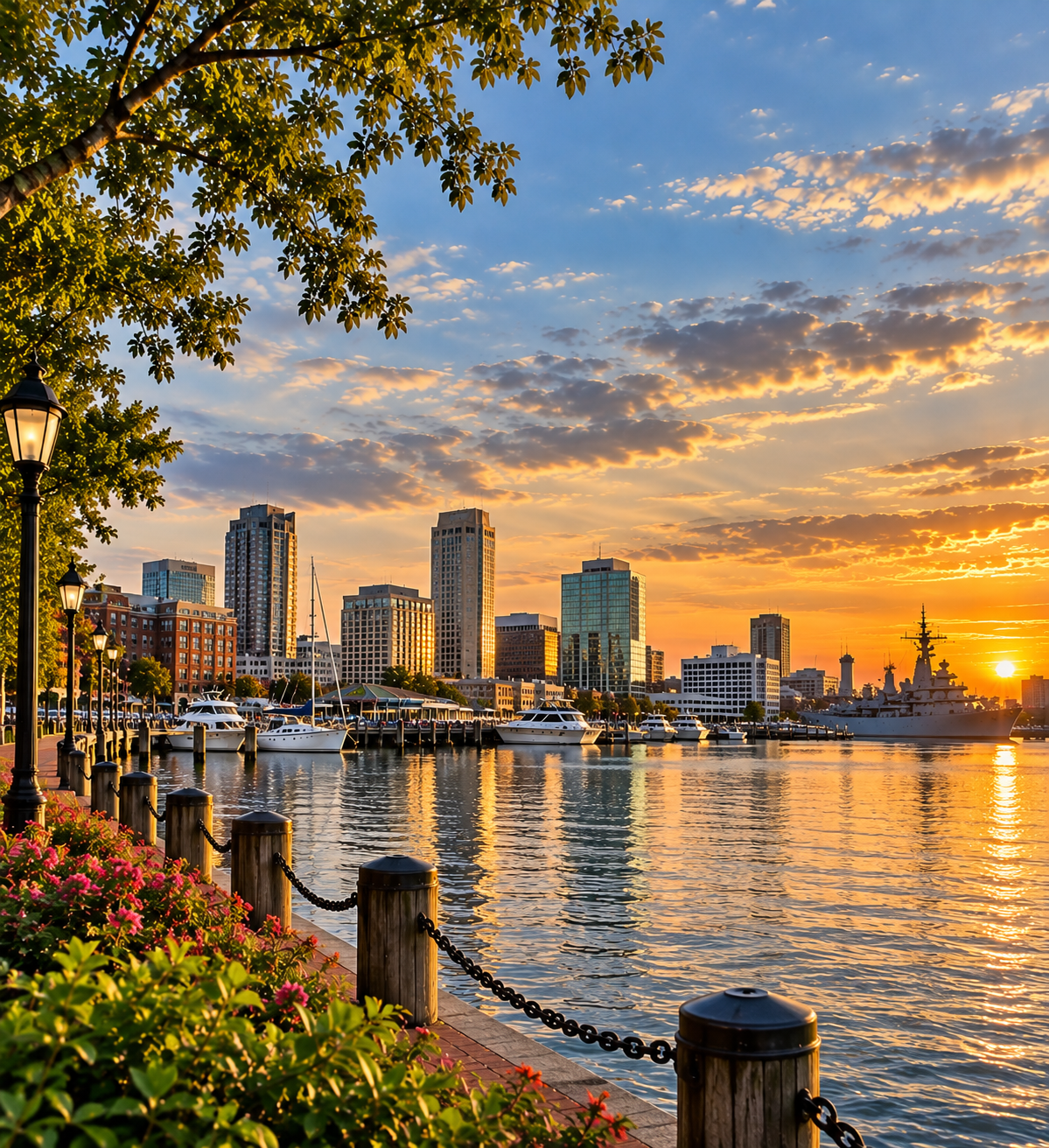 Sunset over a Potomac River waterfront skyline with boats, trees, and shimmering water