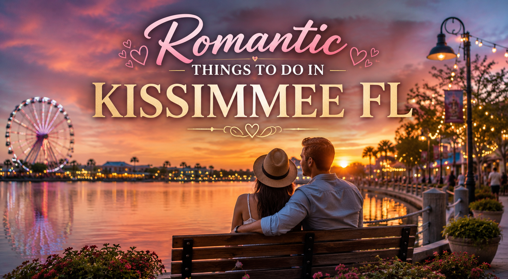 Couple on bench by lake at sunset with Ferris wheel; Romantic Things To Do in Kissimmee, FL text overlay