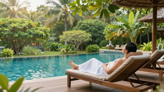 Person relaxing on a lounge chair by a tropical pool surrounded by lush greenery.