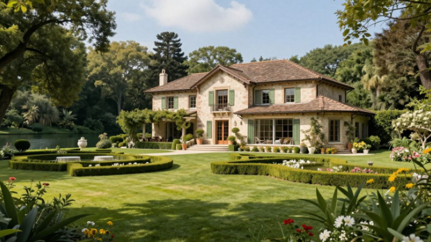 Charming beige house with red roof amid manicured garden and lush green lawn on a sunny day