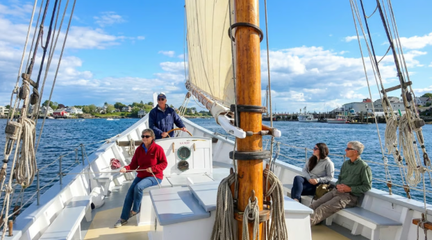 People relaxing on a sailboat deck on calm water under a blue sky.