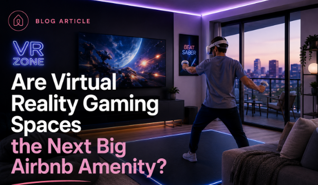 Virtual reality gaming room with neon lights and city view, plus headline about Airbnb amenity potential