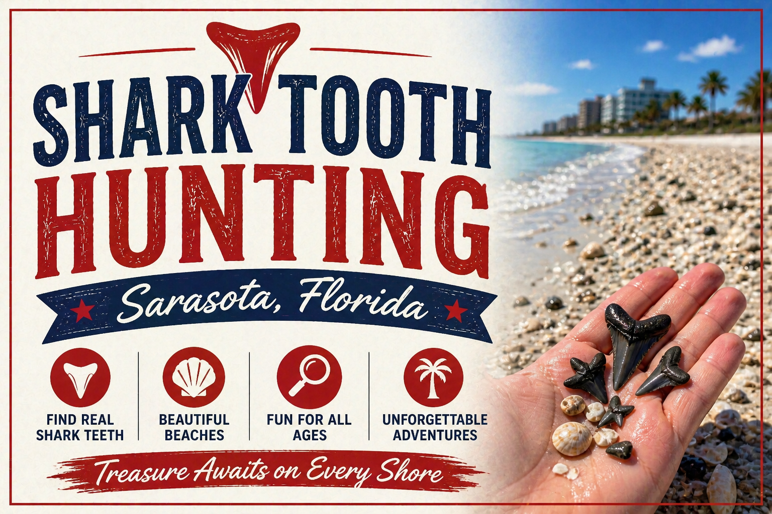 Person using a shark tooth sifter on the sandy shoreline of Venice Beach, Sarasota, Florida