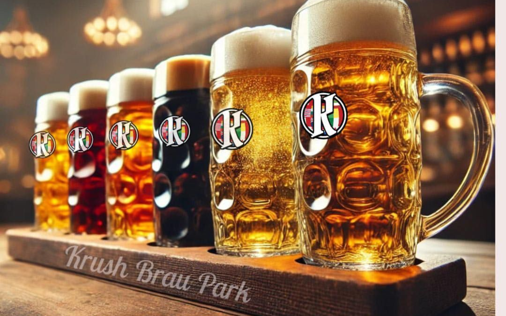 Flight of beers in various colors on a wooden tray, with a Krush Brau Park logo.