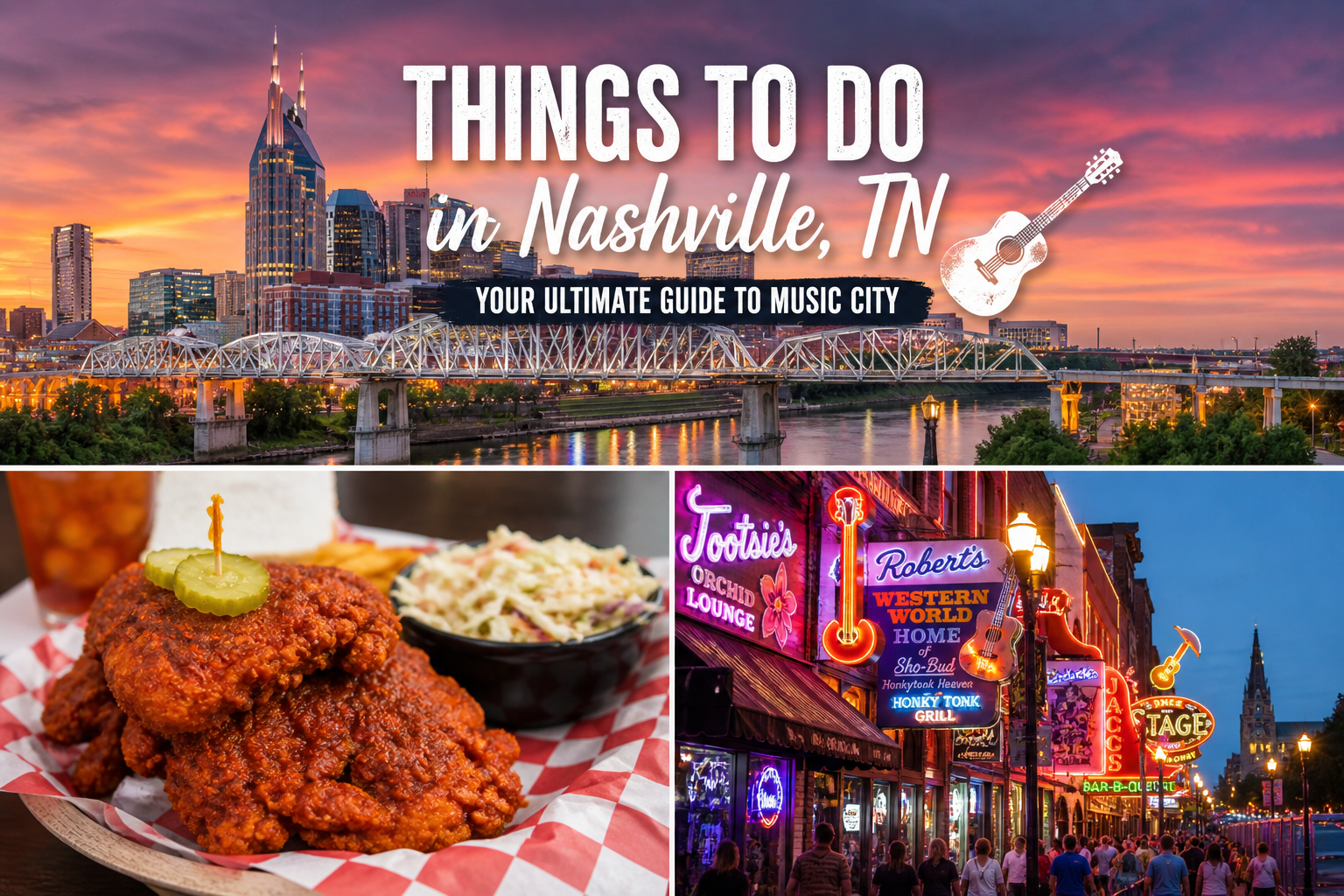 Nashville travel collage with skyline, hot chicken, and neon-lit downtown at dusk