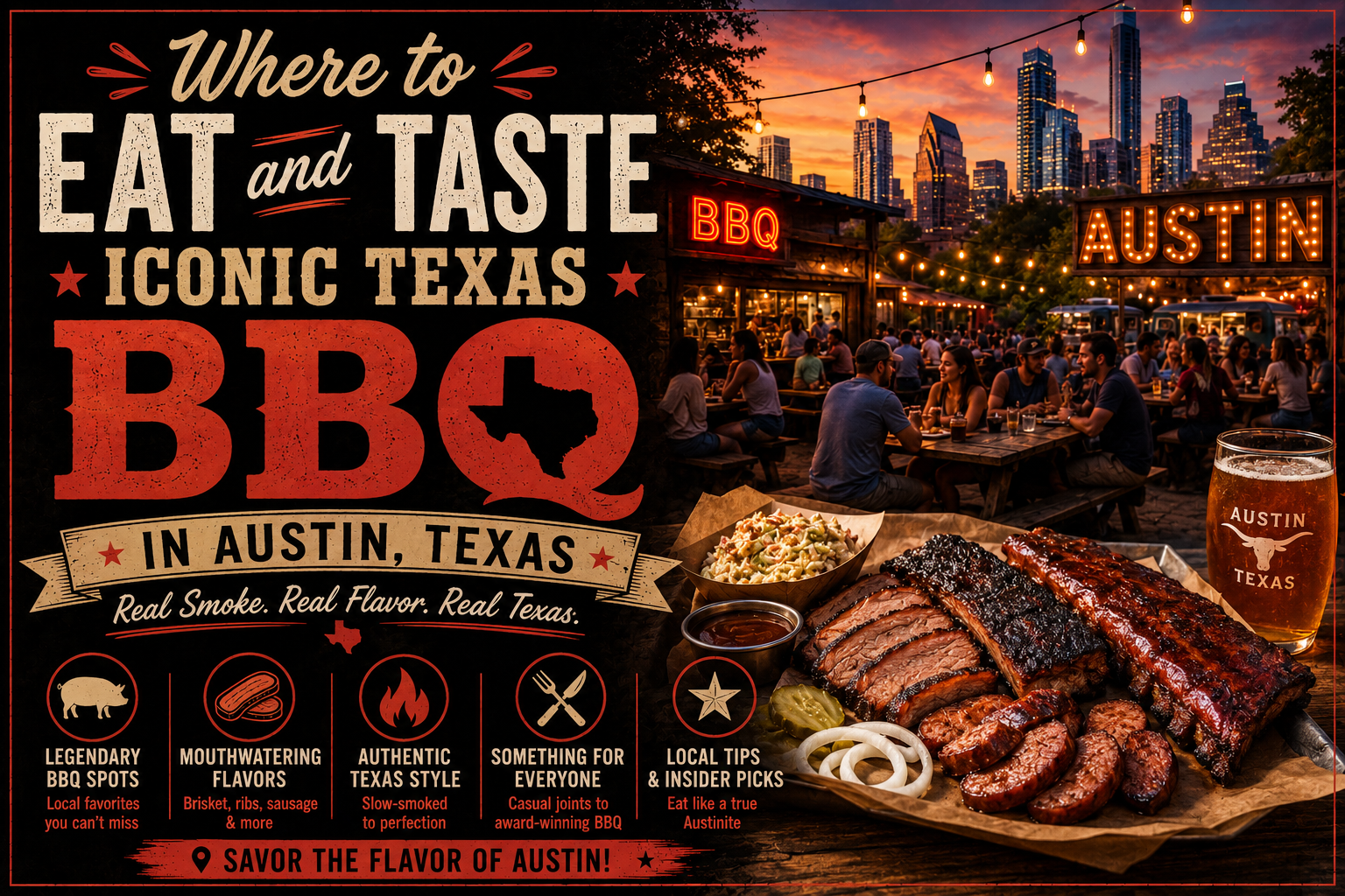 A large barbecue platter with various meats, sides, sauces, and tortillas on a table.