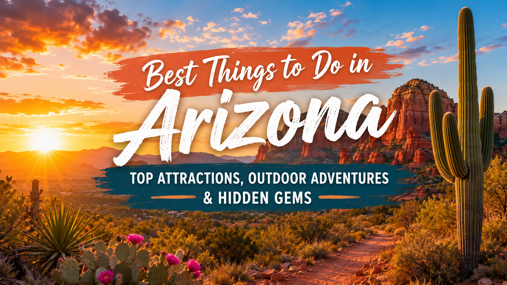 Sunset desert scene with cacti and flowers, titled “Best Things to Do in Arizona” with travel attractions text