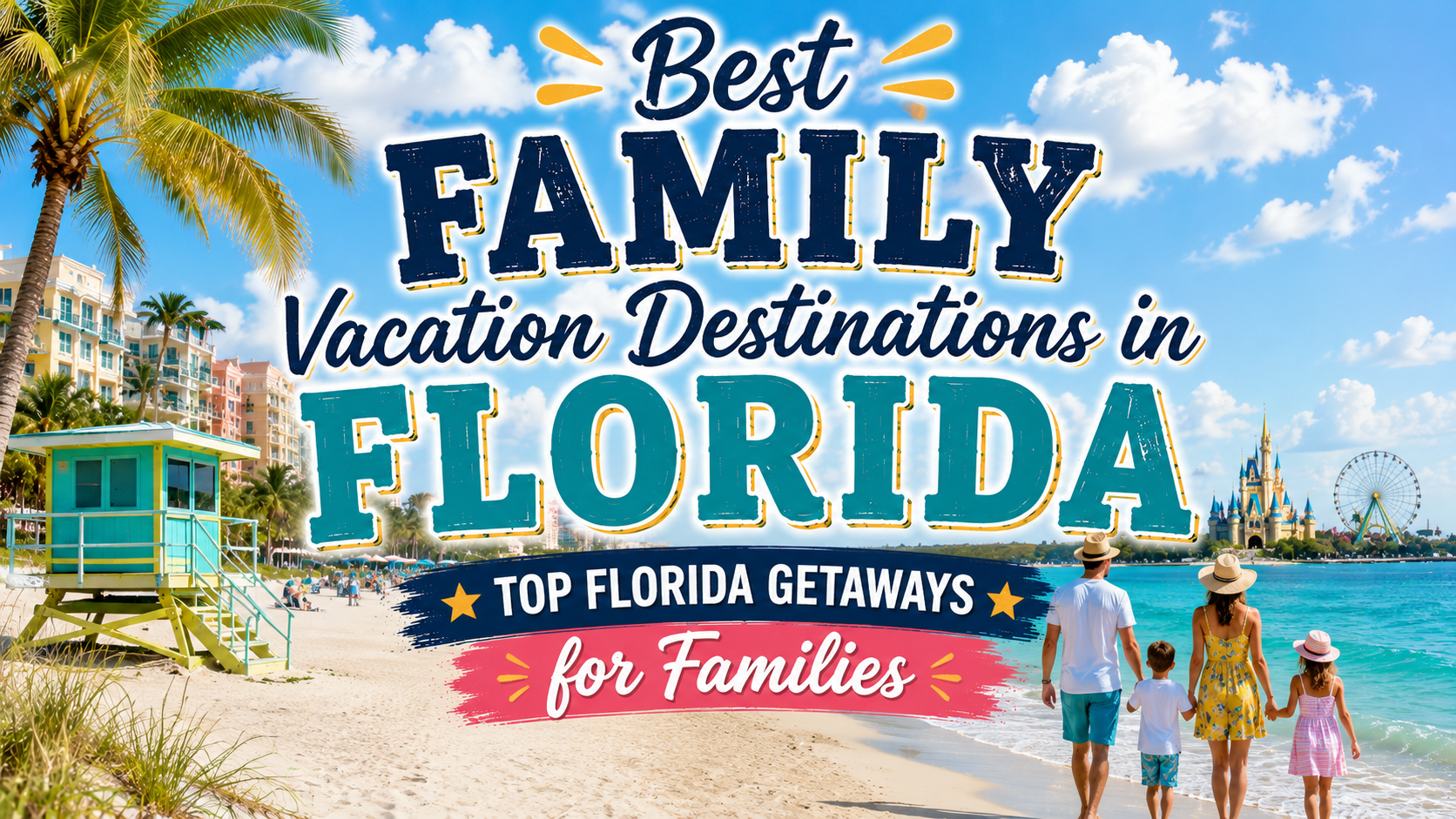 Best family vacation destinations in Florida with beach scene and family walking by the water