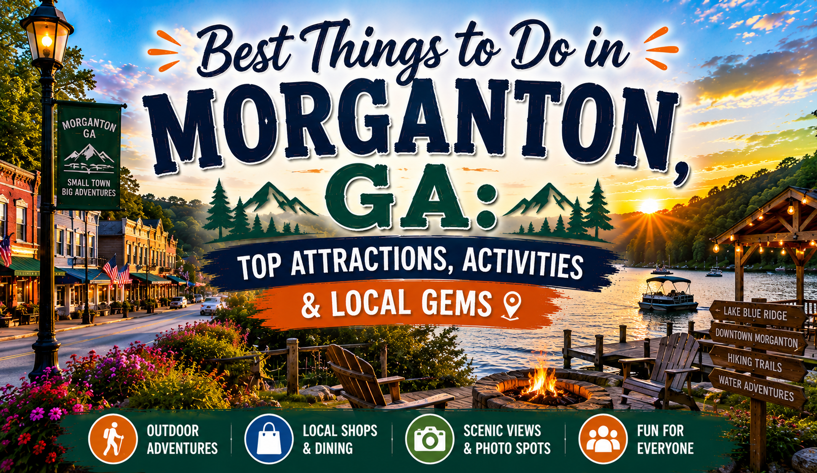 Colorful travel poster for Morganton, Georgia, with downtown, sunset, and “Top Attractions, Activities & Local Gems” text