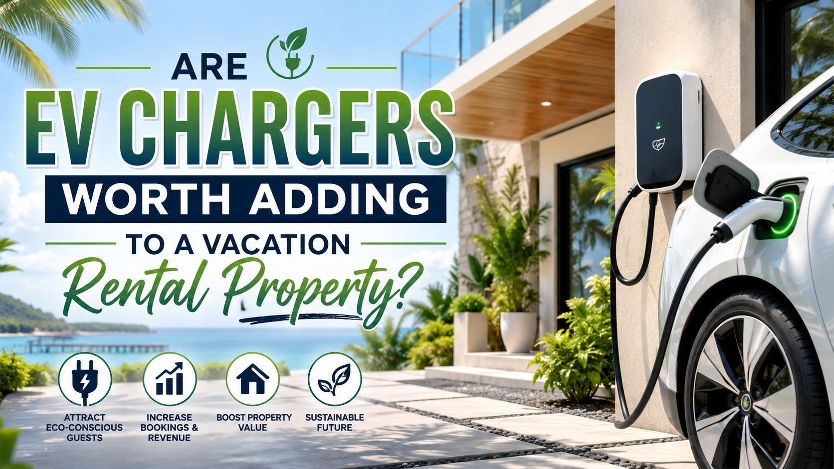 EV charger beside a white electric car at a vacation rental, with text: “Are EV chargers worth adding?”