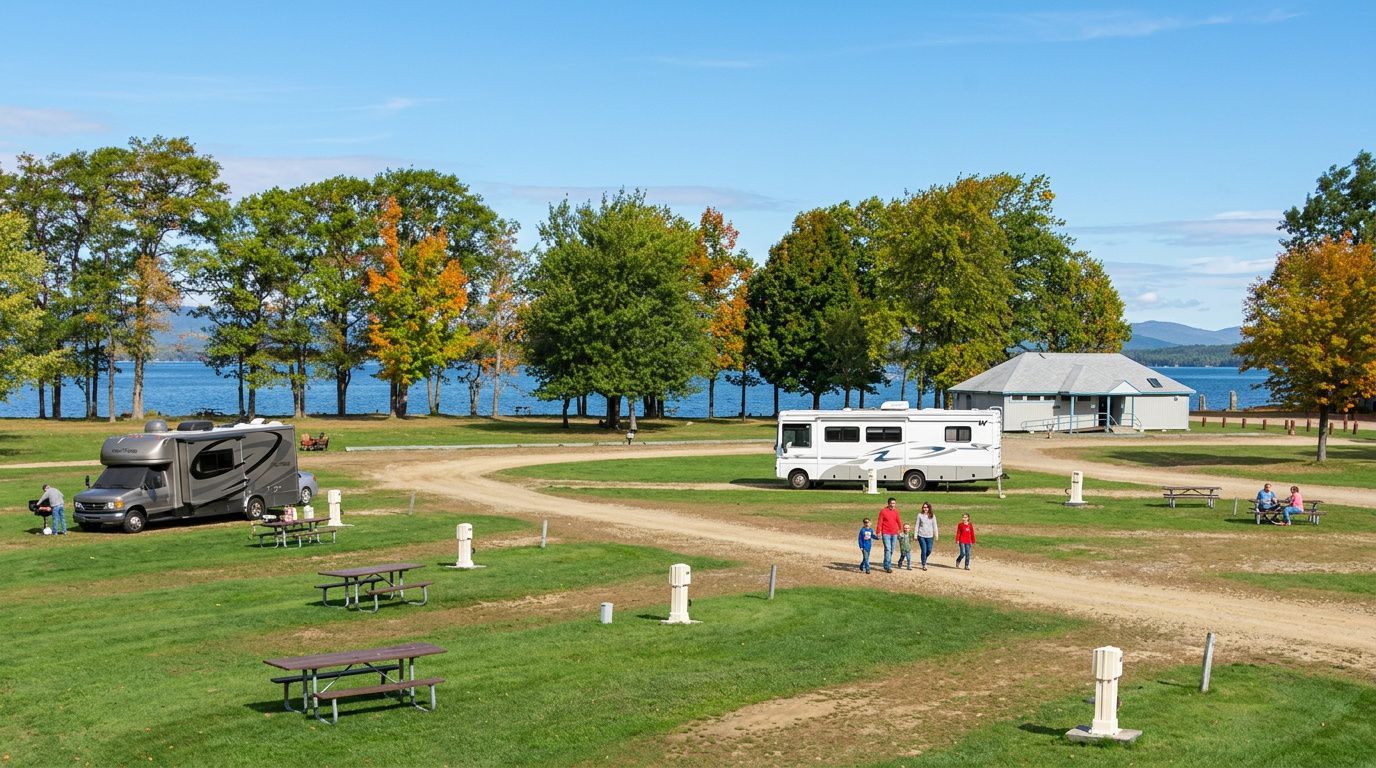 Campground by a lake with RVs, picnic tables, trees, and people on a sunny day