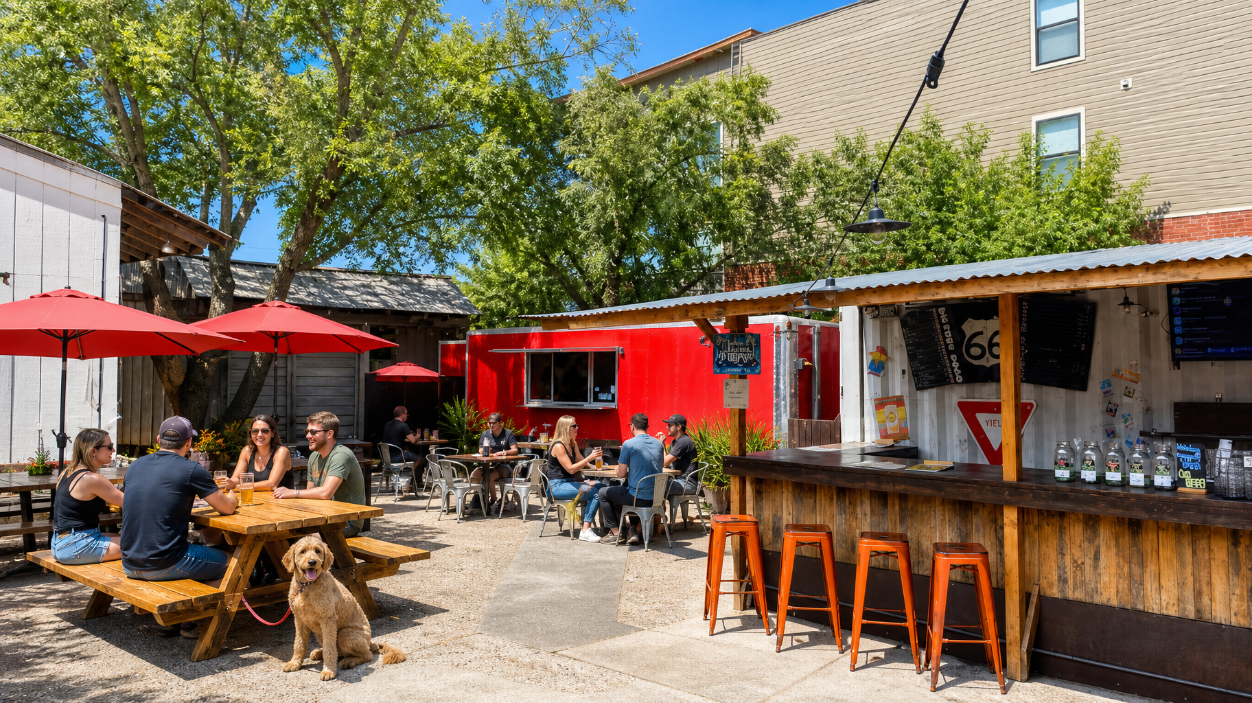 Outdoor courtyard bar with red umbrellas, wooden tables, and people seated near a red food truck.