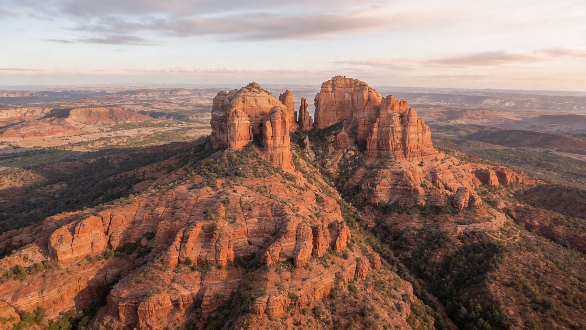 Sunrise over red sandstone buttes in a desert landscape