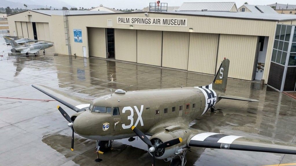 A vintage olive drab military transport plane parked on a wet tarmac outside the Palm Springs Air Museum.