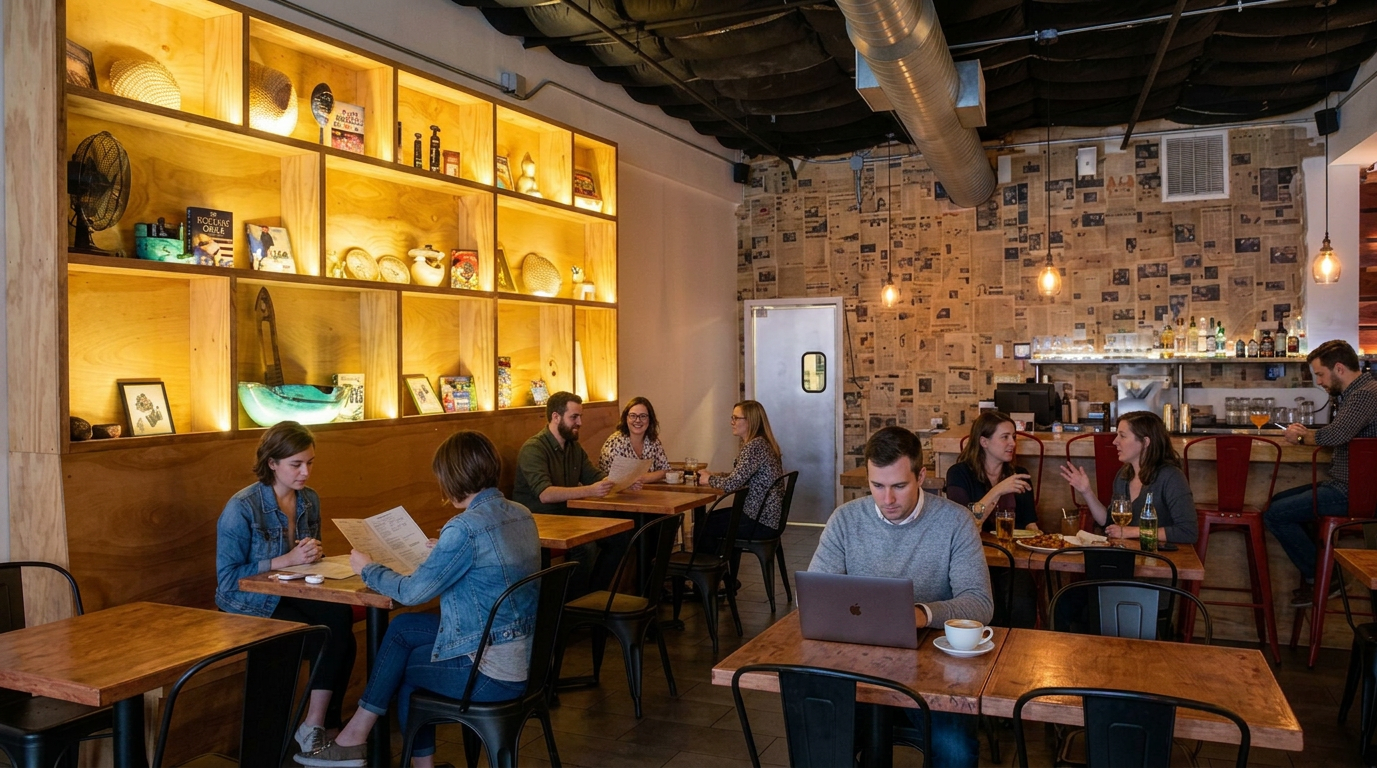 Cozy café with warm shelf lighting, exposed brick walls, and people seated at wooden tables.