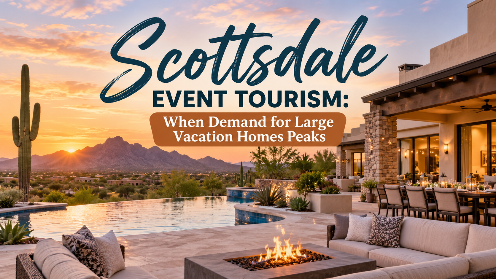 Scottsdale event tourism ad with sunset desert resort patio and pool, promoting vacation homes
