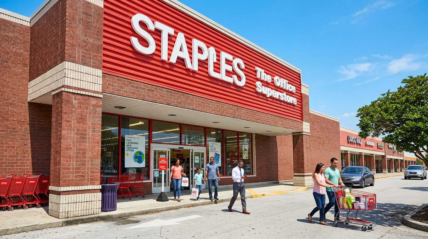 Staples storefront with shoppers entering and carts outside on a sunny day