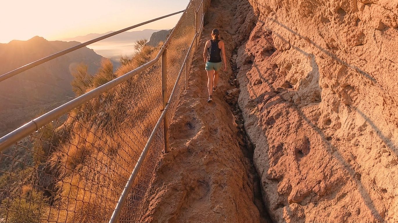 Hiker on a narrow cliffside path with safety cables at sunset, overlooking a hazy mountain valley