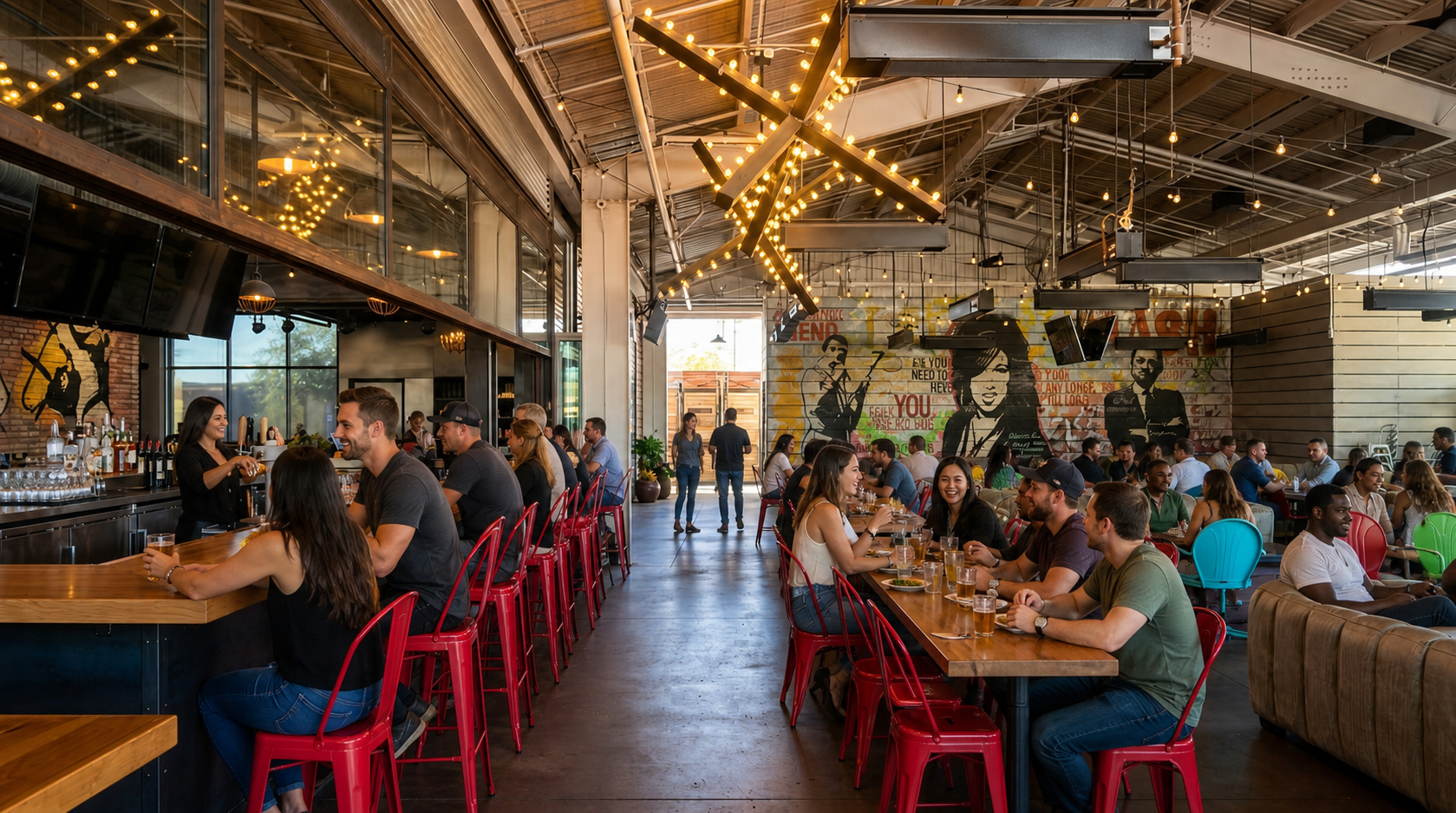 Bustling industrial-style restaurant with diners at long communal tables and red stools under warm hanging lights