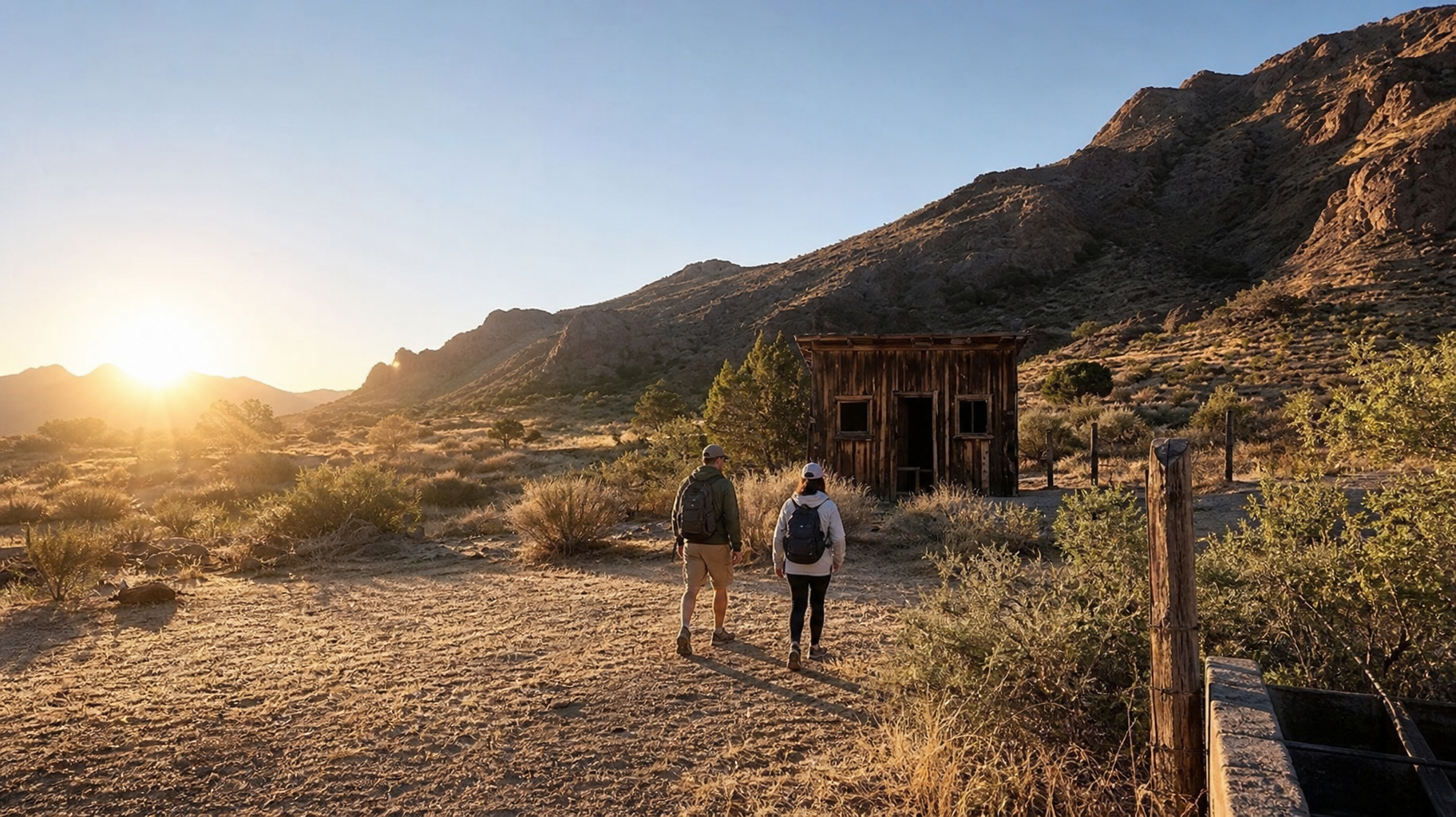 Two hikers in a rocky desert at sunset near a small wooden cabin