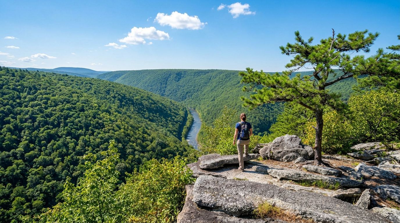 Hiker on rocky cliff overlooking a wide green forest valley under a blue sky