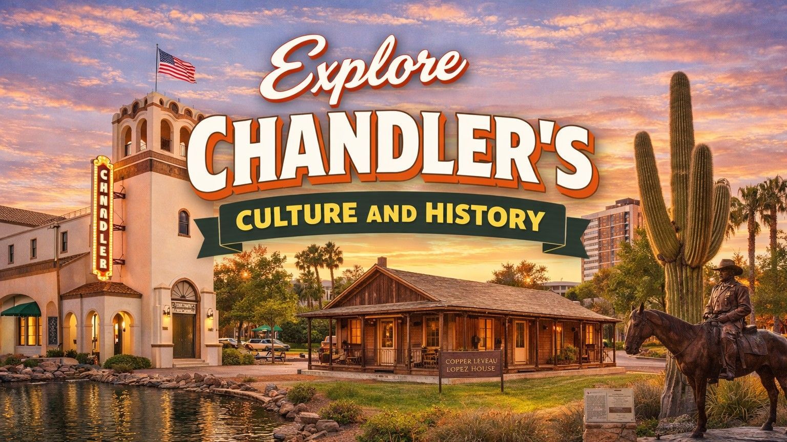 Explore Chandler's Culture and History: Historic buildings, cactus, statue of a cowboy, and flag against a sunset.