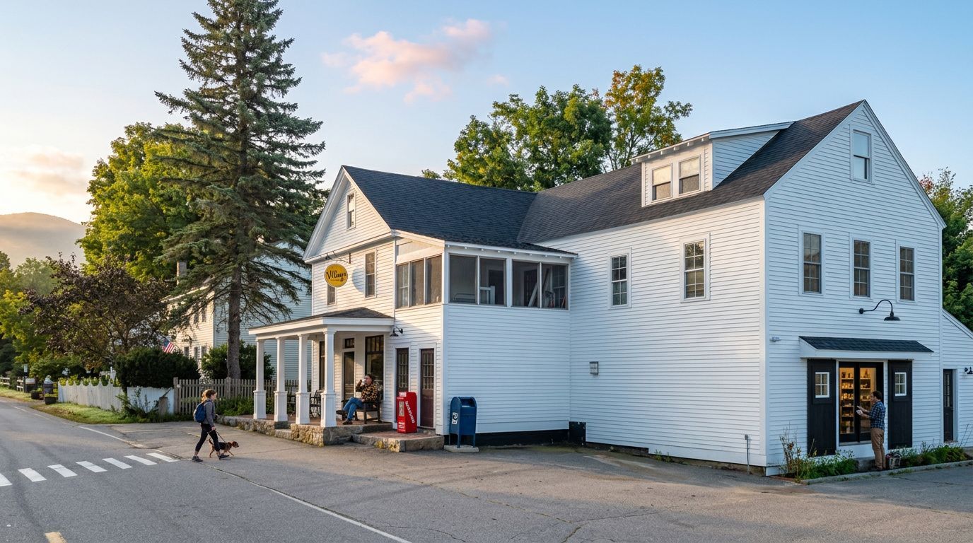 White two-story building with black-trimmed windows and a porch on a quiet street at sunset