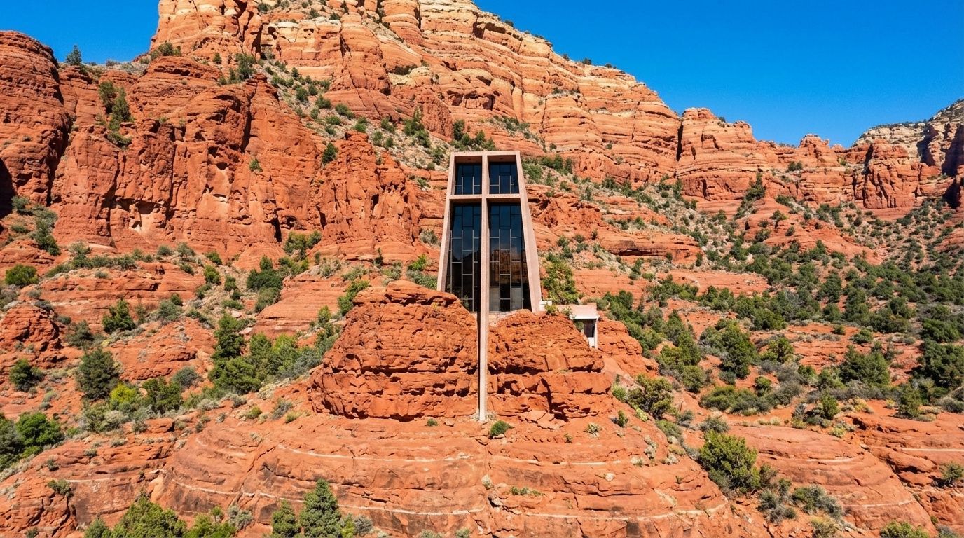 The Chapel of the Holy Cross, a modern structure built into dramatic red rock cliffs in Sedona, Arizona.