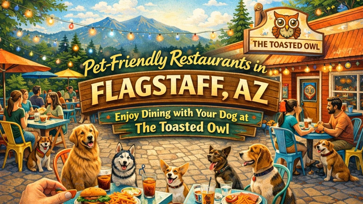 Pet-friendly restaurant advertisement in Flagstaff, AZ. People and dogs dining at outdoor tables, mountains in the background.