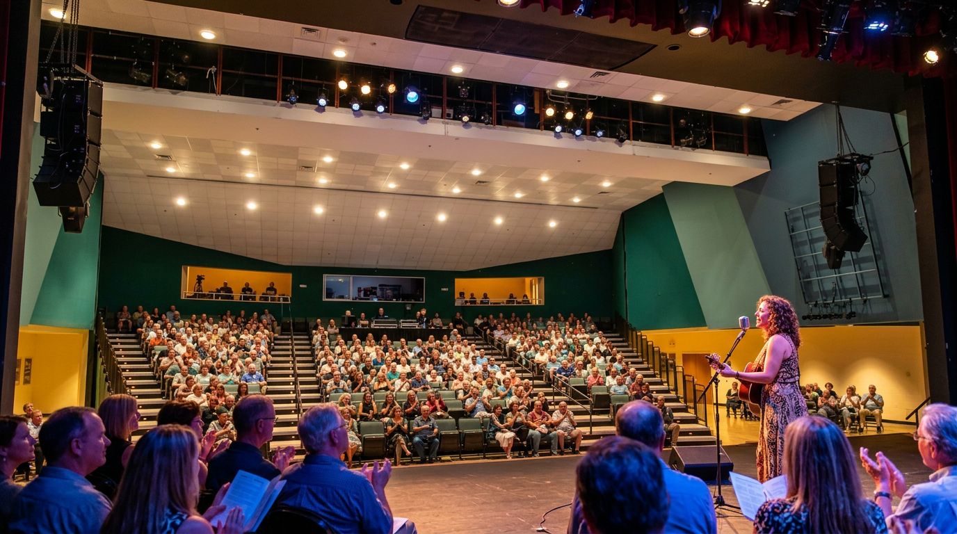 Audience in a theater watching a speaker onstage under warm lights