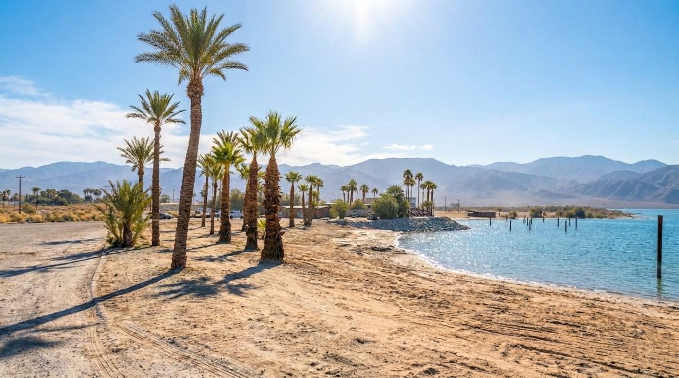 A row of palm trees stands on a sandy beach beside a blue lake with distant mountains under a bright sunny sky.
