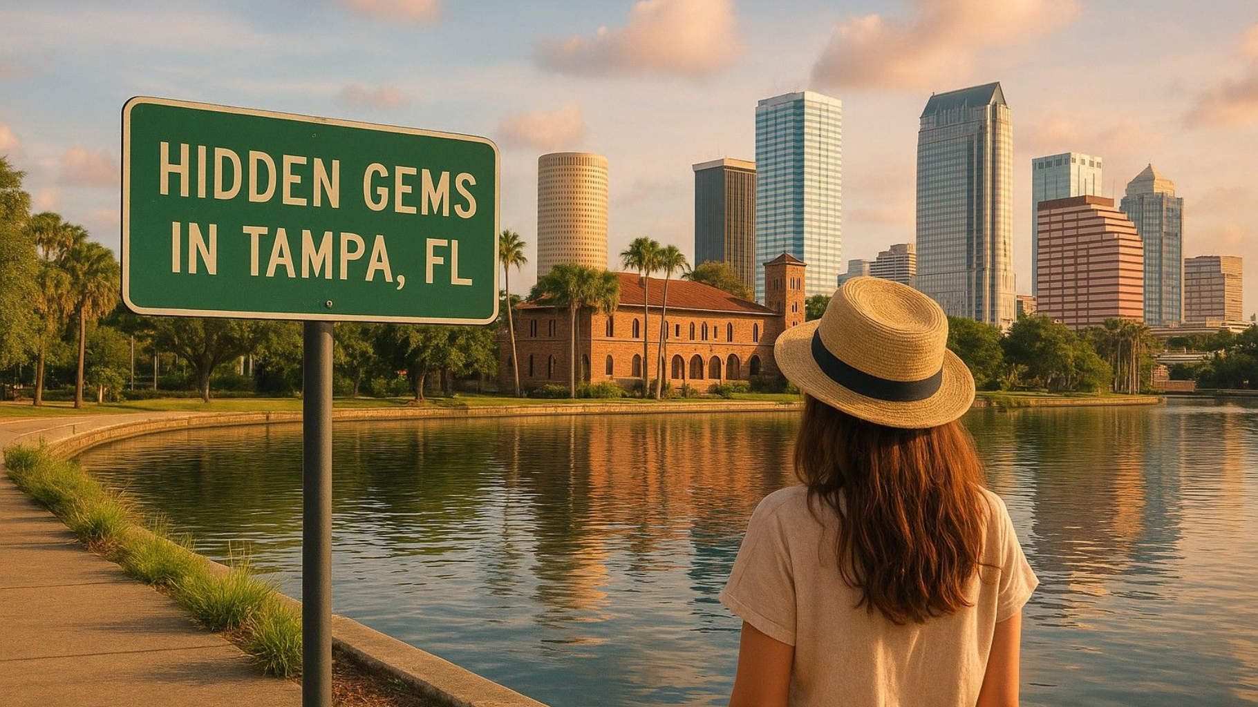 Woman with hat looking at Tampa, FL skyline by water, sign