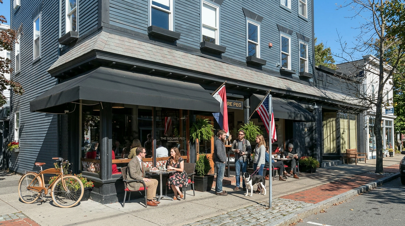 People seated outside a dark-blue corner café with red umbrellas and bicycles on the sidewalk