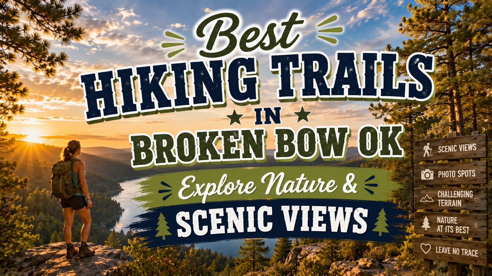 Poster for best hiking trails in Broken Bow, OK, with scenic sunset views and a hiker on a trail