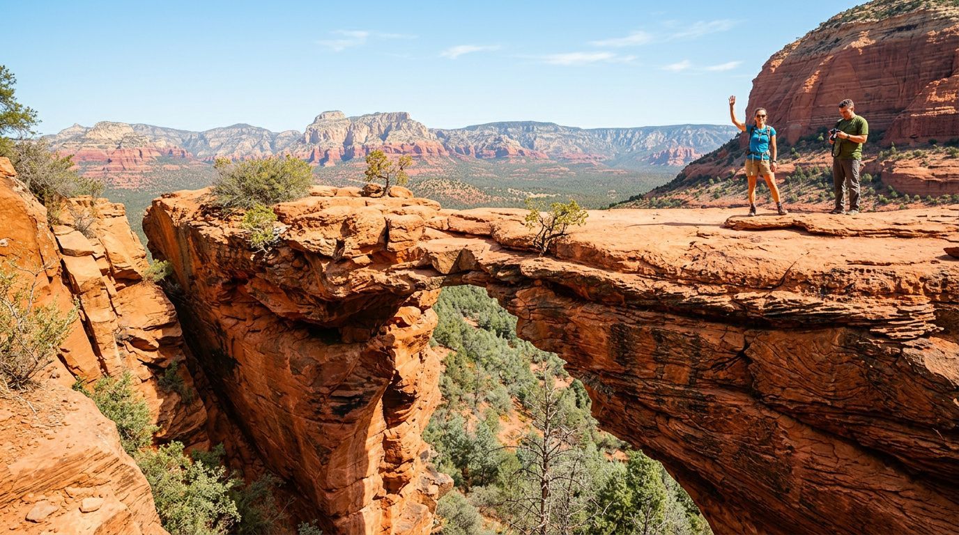 Two hikers stand on a rocky canyon bridge above a forested valley under a blue sky.