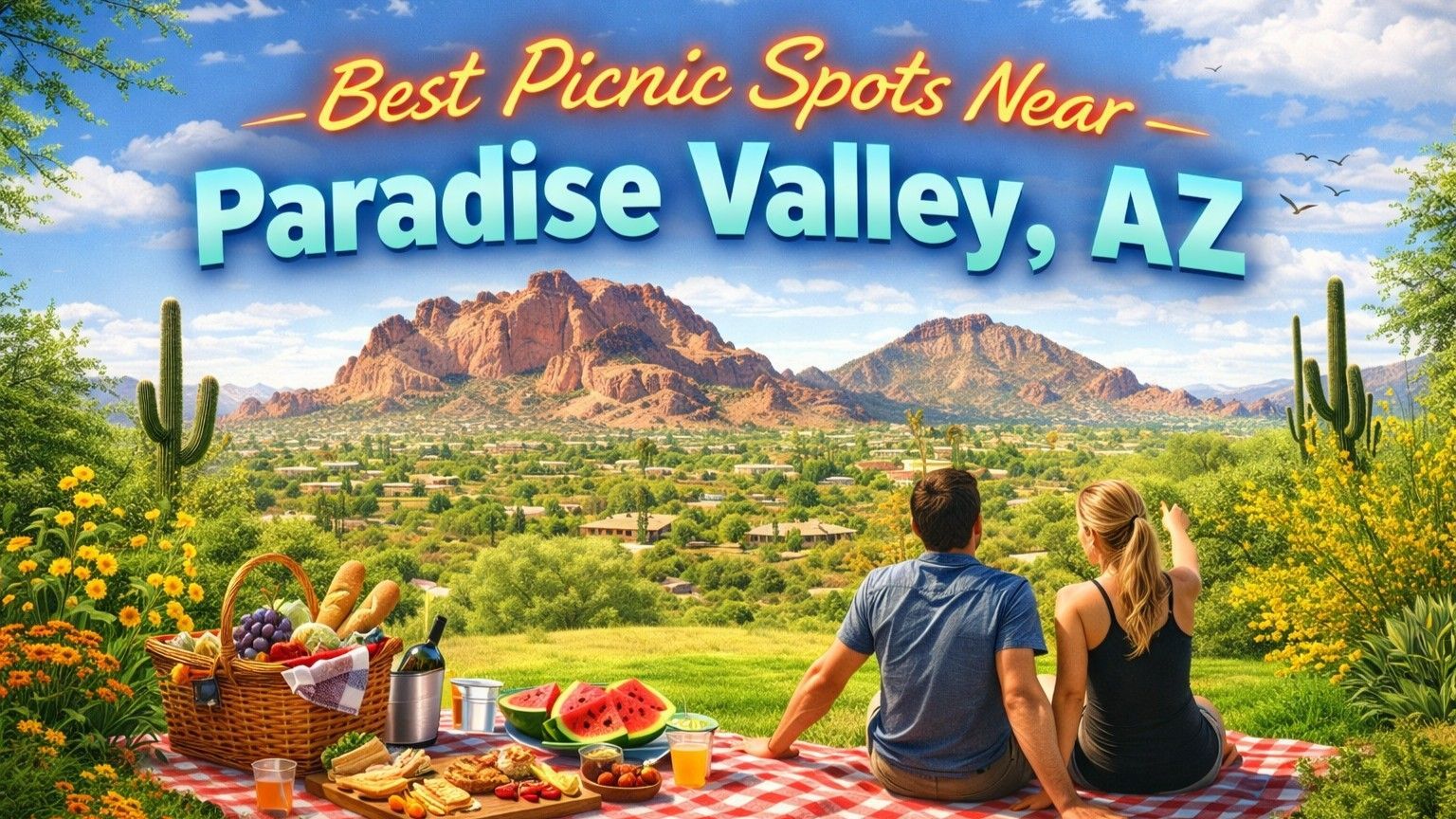 Picnic scene near Paradise Valley, AZ. Couple on blanket with food, mountain view. Sign: 