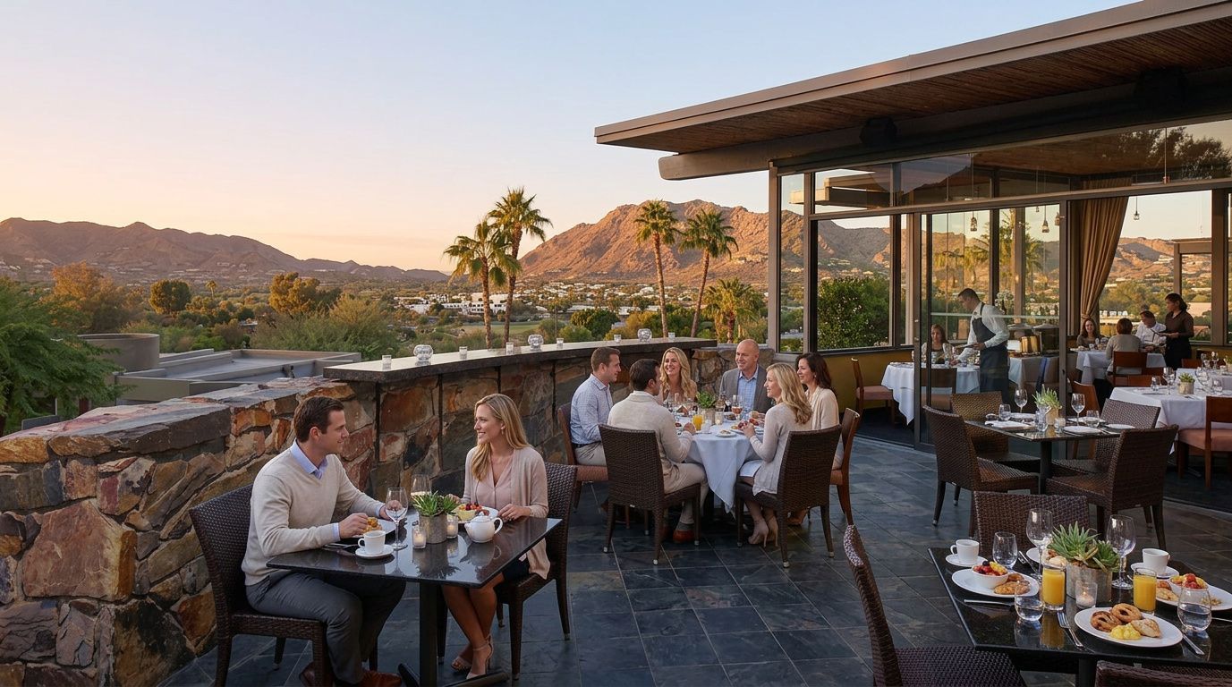 Outdoor restaurant patio at sunset with diners seated at tables overlooking rocky hills and desert scenery