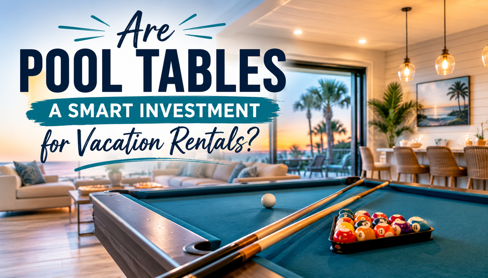 Modern pool table in a luxury vacation rental with a bright living room and pool view, plus text: “Are pool tables a smart investment?”
