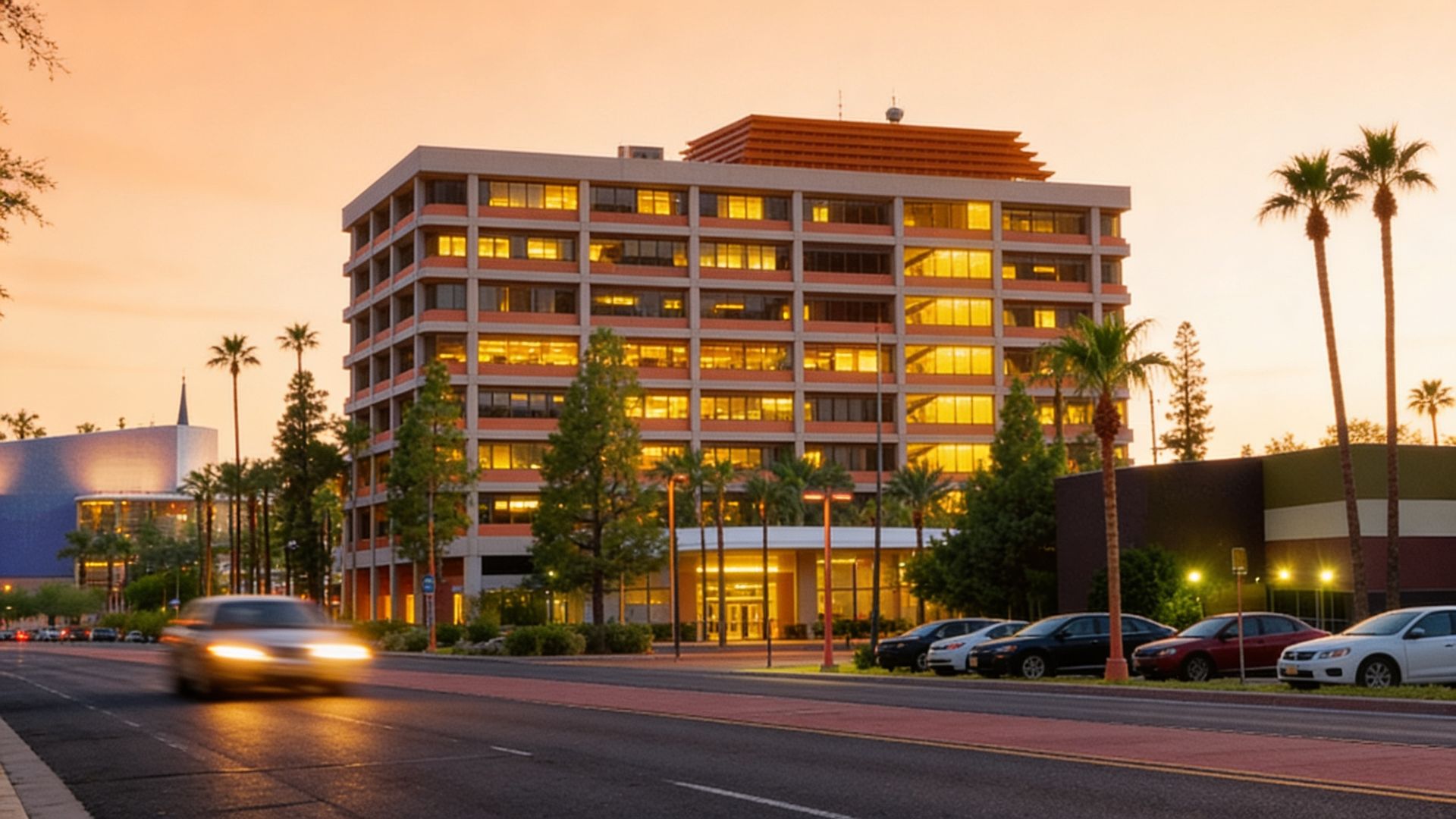 Sunset view of a lit hotel with palm trees, cars, and a street in front