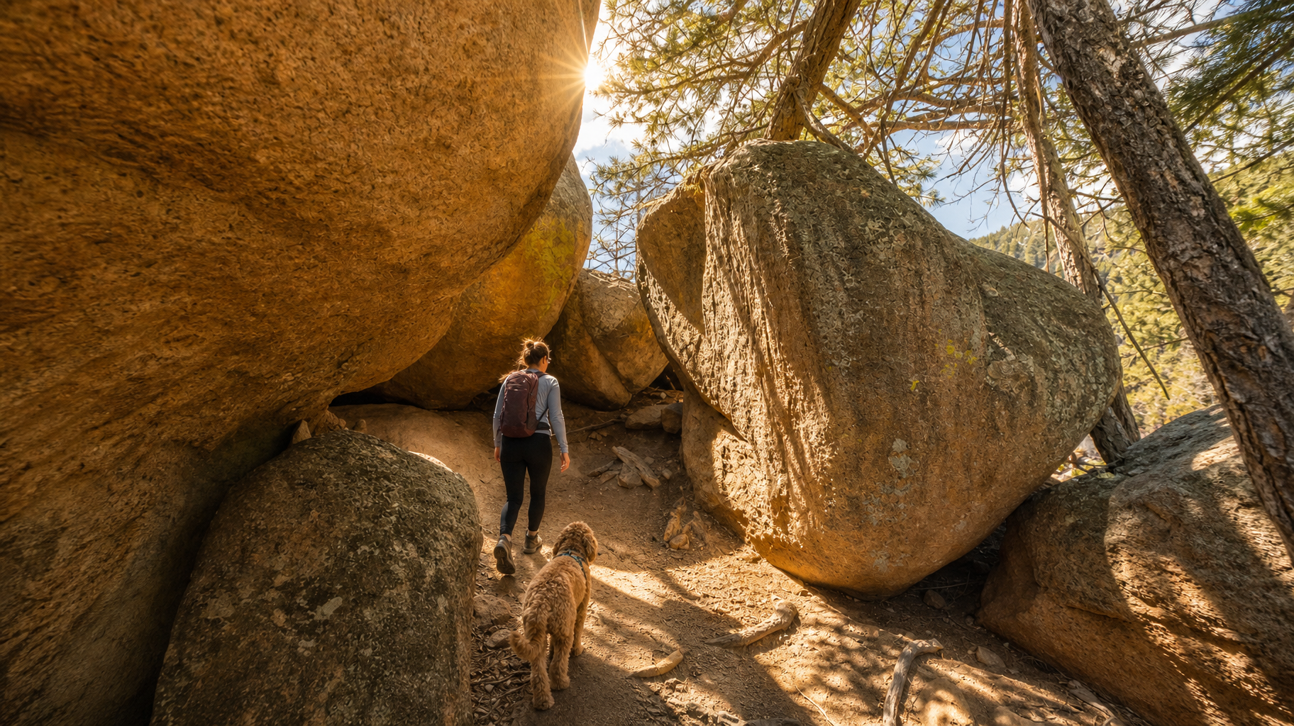 Person hiking through a sunlit boulder canyon with large tan rocks and trees overhead