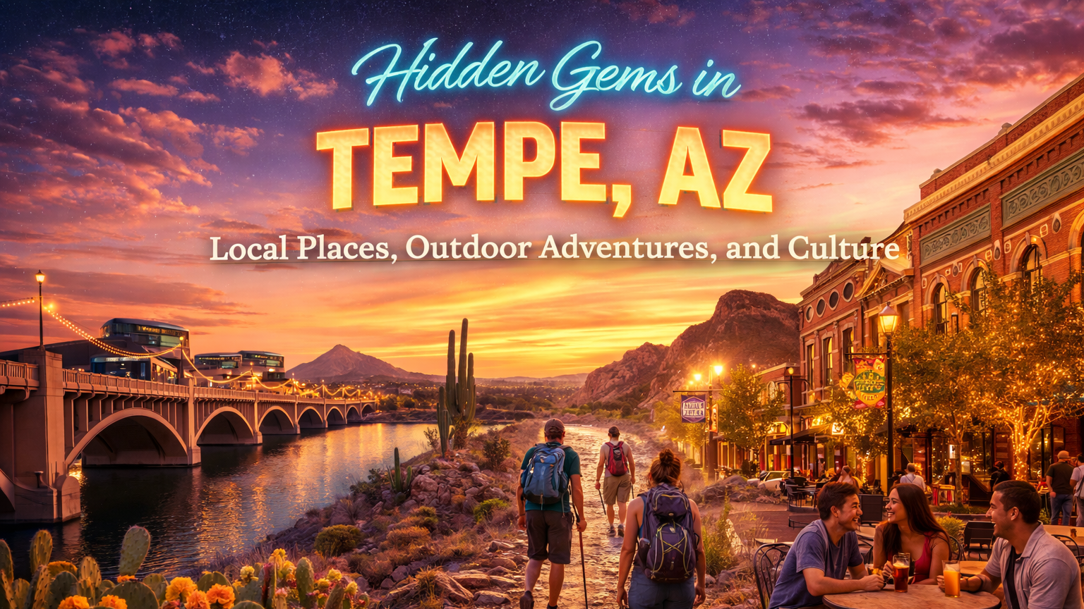 Sunset view of Tempe, Arizona, with a bridge, mountains, cacti, and people enjoying the evening.